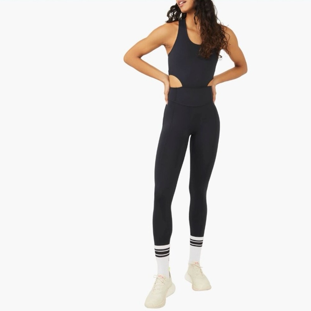 Free People Movement Back it Up Jumpsuit Black Crossback Cutouts Womens L Active